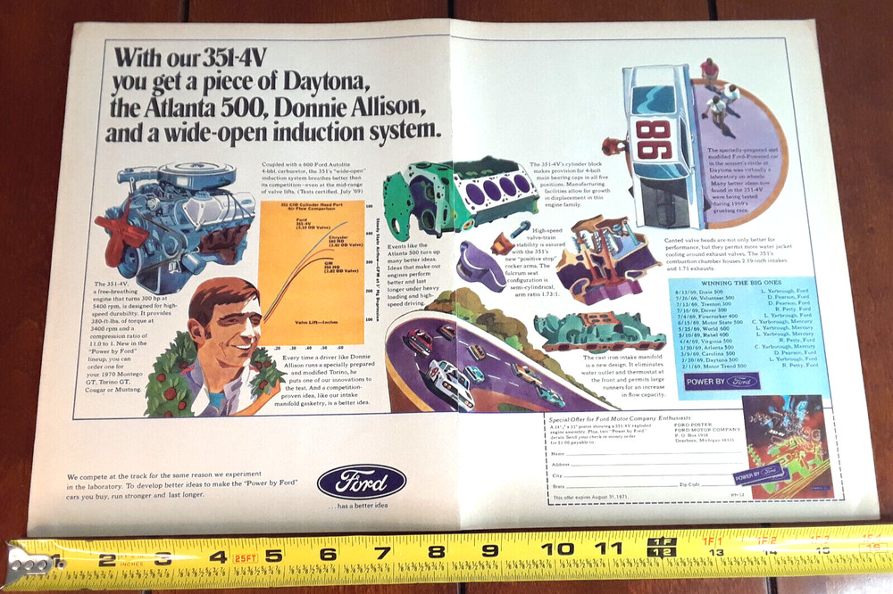 1970 FORD 351-4V ENGINE ORIGINAL 2 PAGE AD