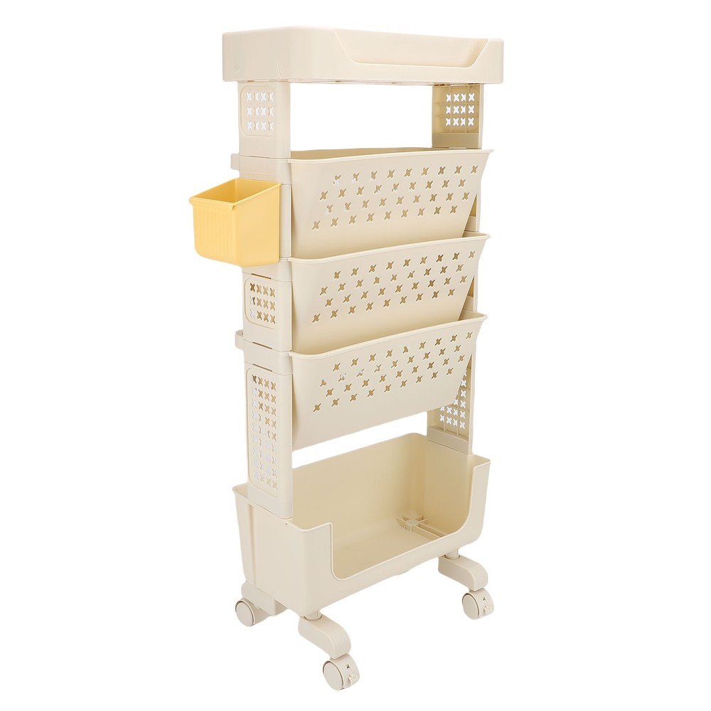 Rolling Book Cart 5 Tier PP Multi-Functional Movable Storage Book Rack White