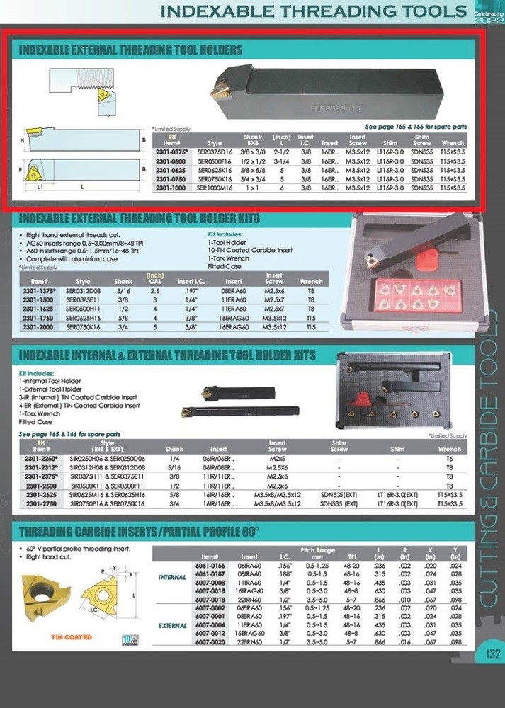 SER0750K16 EXTERNAL INDEXABLE THREADING TOOL HOLDER (2301-0750)