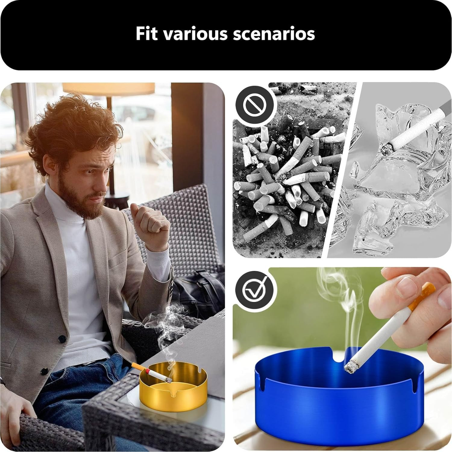 Roygra Ashtray 2 Pack, Stainless Steel Ash Tray for Indoor or Outdoor Use, Unbre