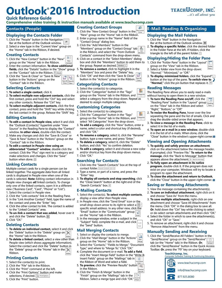 Outlook 2016 Training Guide Quick Reference Card 4 Page Cheat Sheet Instructions
