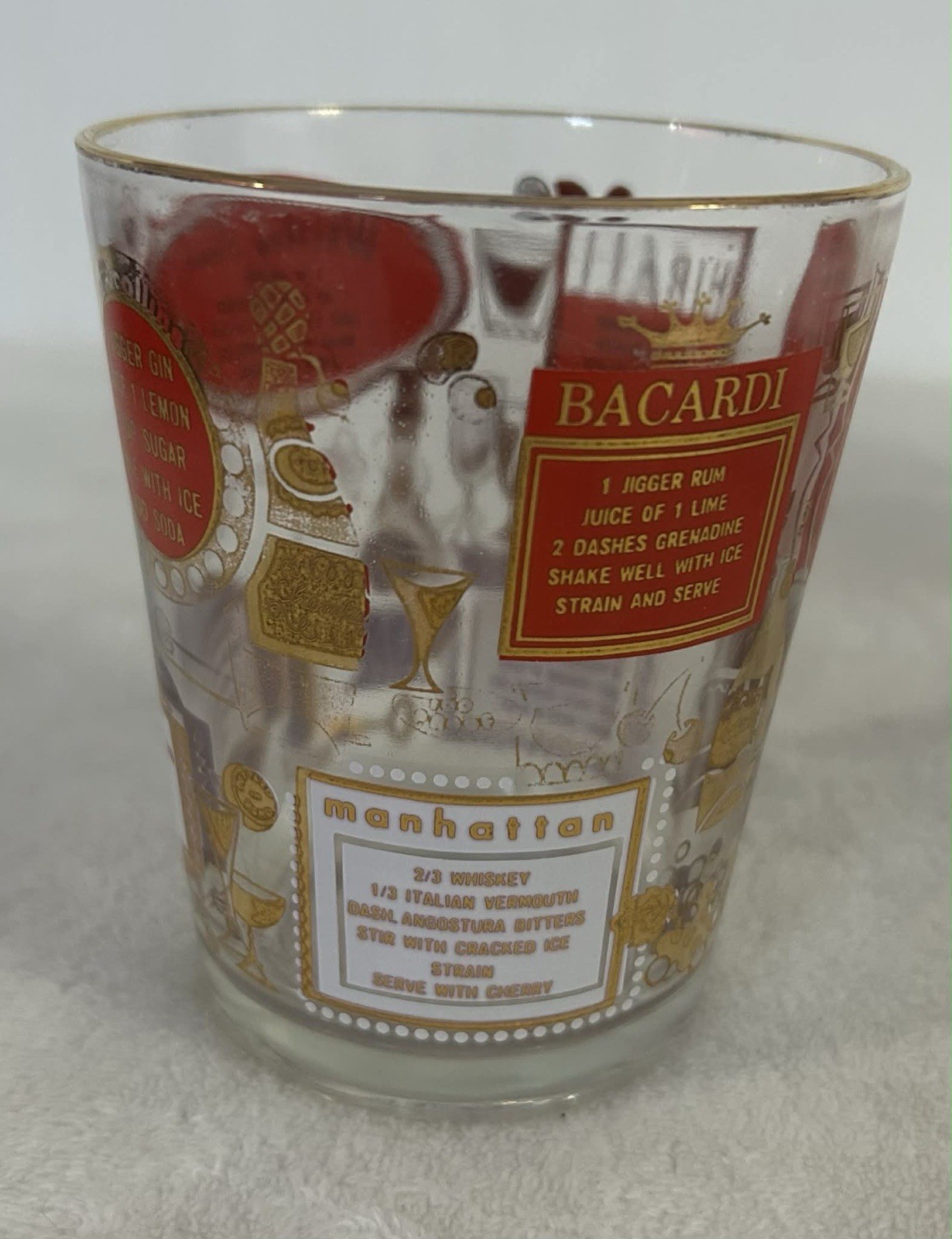 3 Vintage Jeannette Glass MCM Cocktail Recipes, Red/Gold 1950-1960s