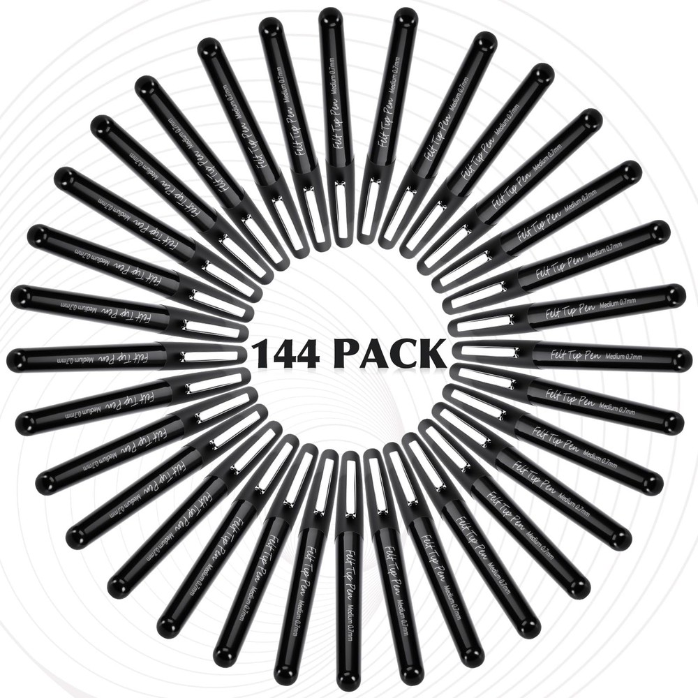 Black Felt Tip Pens 144 Pcs 0.7mm Medium Point Markers Bulk