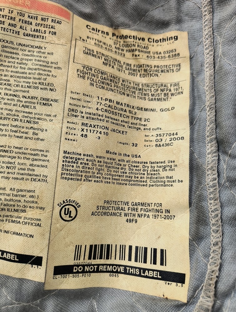 Cairns Reaxtion Jacket Firefighter Turnout Coat 48-3x32 2008