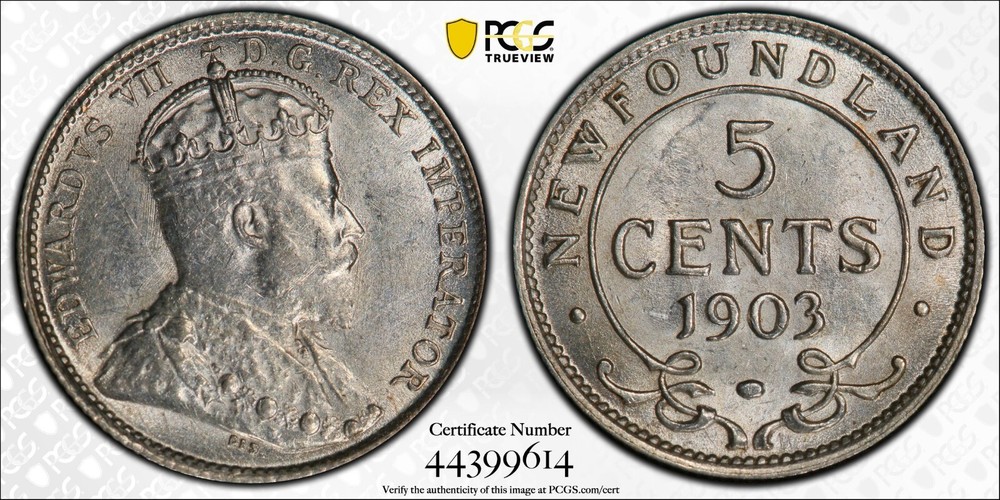 1903 Newfoundland 5 cents silver PCGS AU58