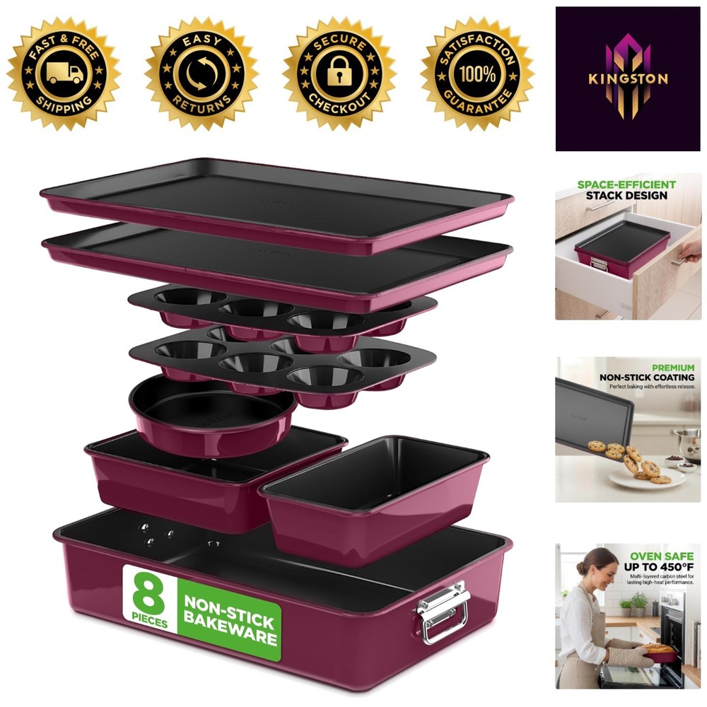 8-Piece Purple Bakeware Set - Nonstick, Stackable & BPA-Free Essentials