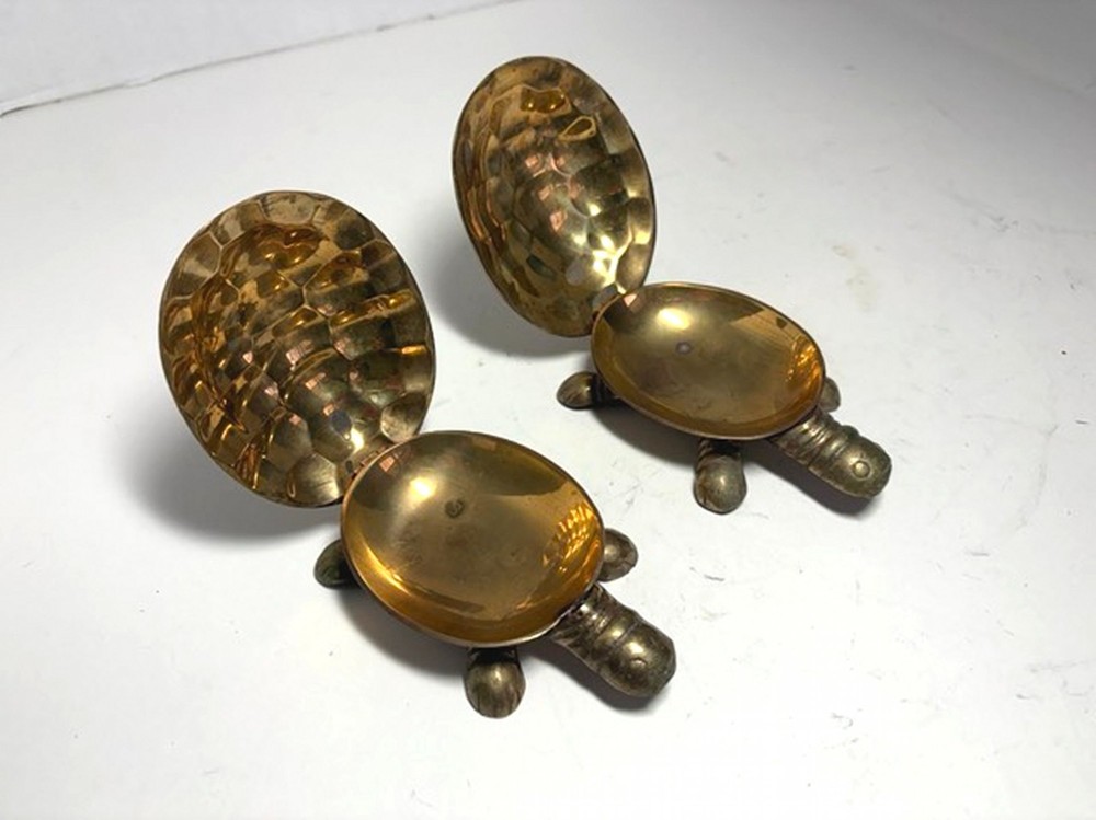 Two Vintage Brass Turtle Containers with Hinged Shell Lid Trinket Boxes