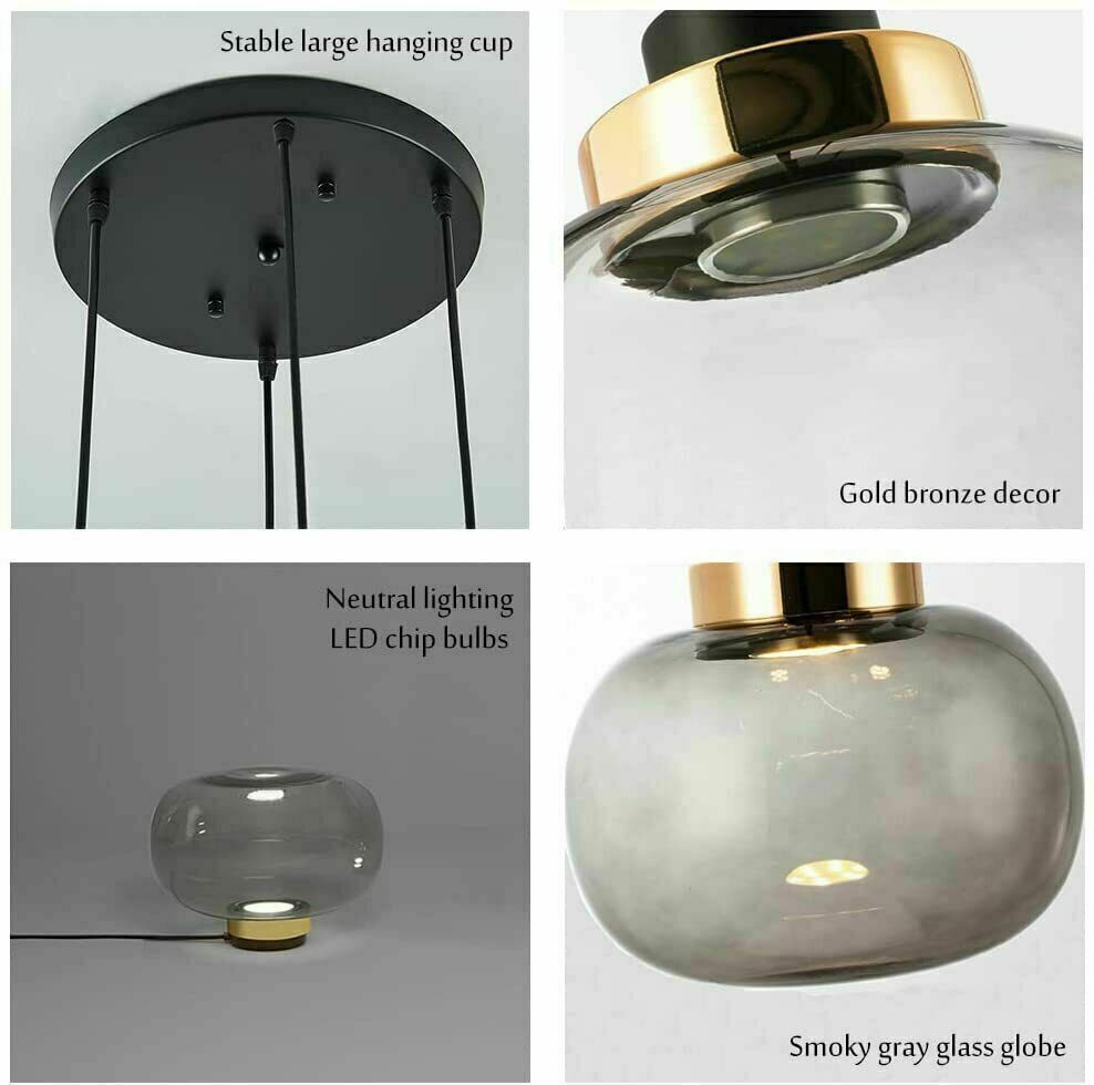 Modern 4 Lights Chandelier Adjustable Smoky Glass Pendant Lamp Ceiling Fixtures