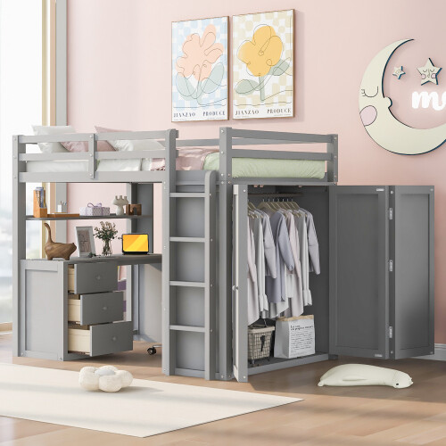 Twin Full Size Loft Bed with Desk Wardrobe Storage Cabinet Solid Wood Bed Frames