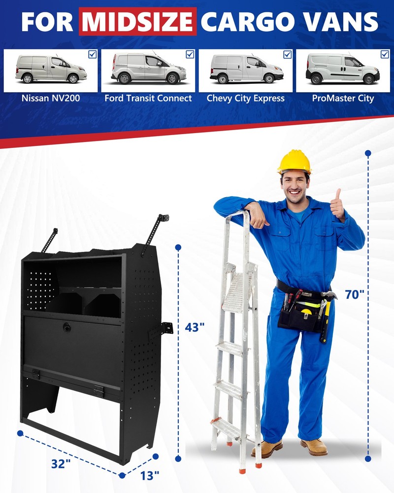 32"Wx43"Hx13"D Cargo Van Shelving Storage for Ford Transit, Lockable, Adjustable