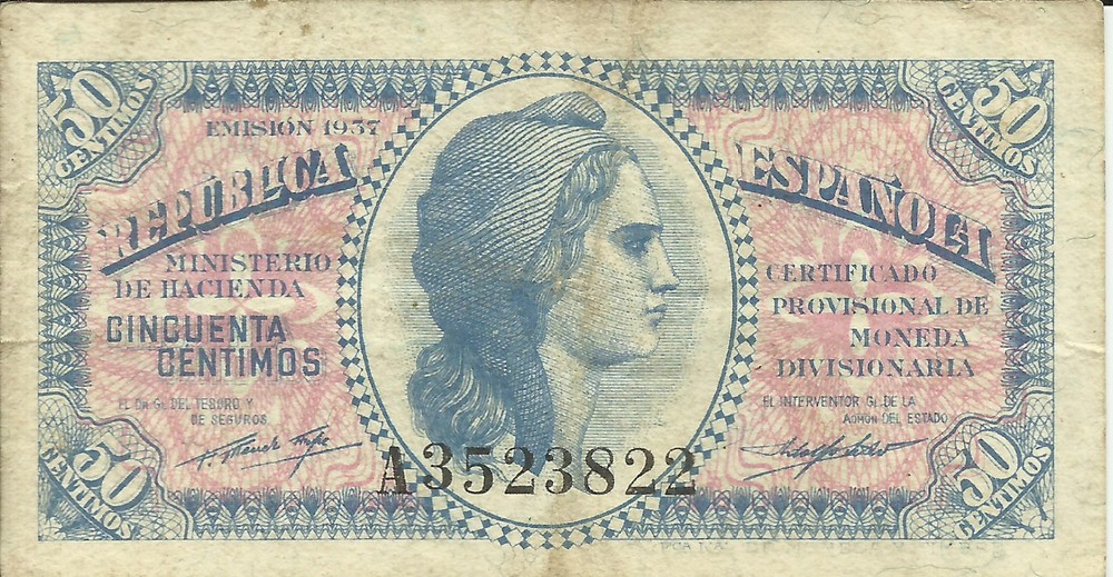 SPAIN 50 CENTIMOS 1937 P-93. VF CONDITION