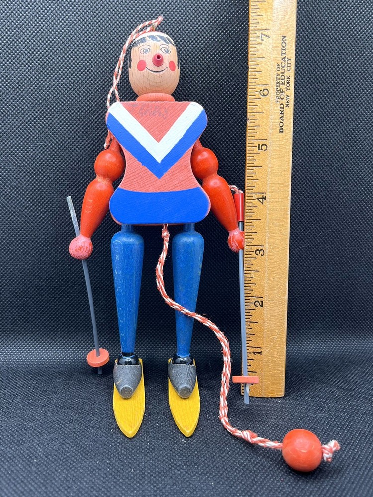 Vintage Wood Pull String Skiing Boy Puppet Austria Jumping Jack READ