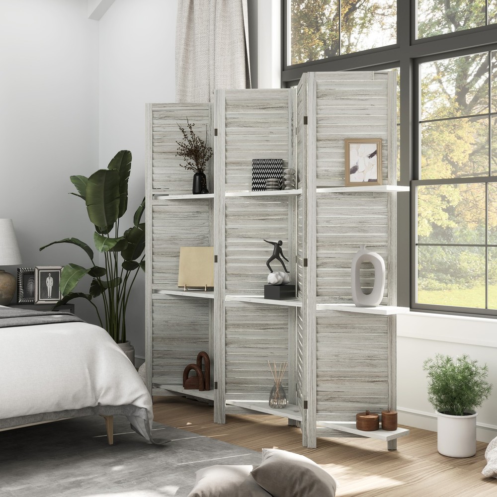 5 Panel Privacy Screen, Room Divider with 3 Shelves Distressed White