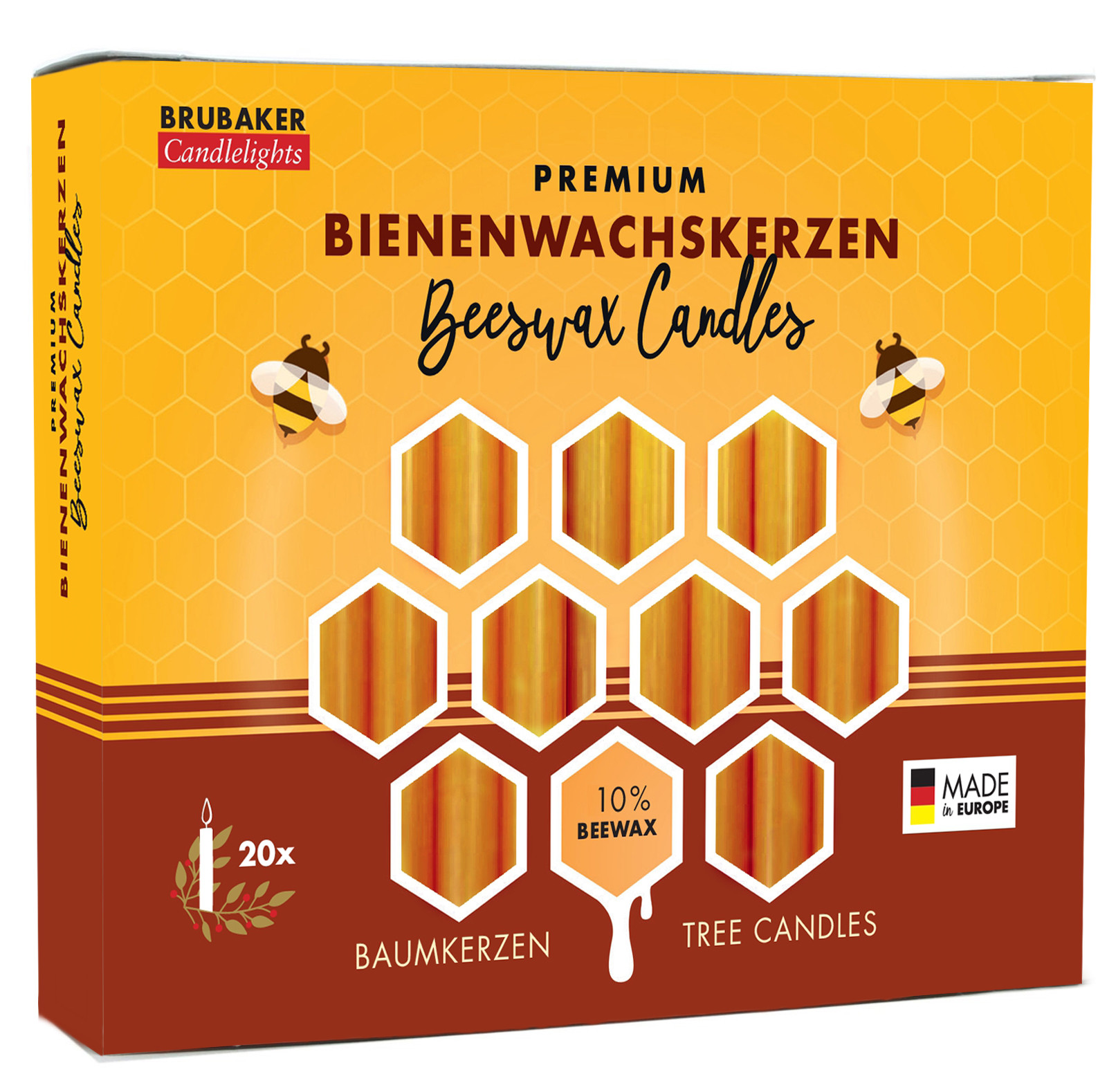 BRUBAKER 10% Beeswax Tree Candles - Pack of 20 - Honey Colored - 3.74"