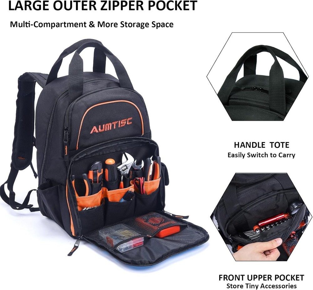 Multi-Use Tool Bag Backpack - 16'' for Electrician & Construction Professionals