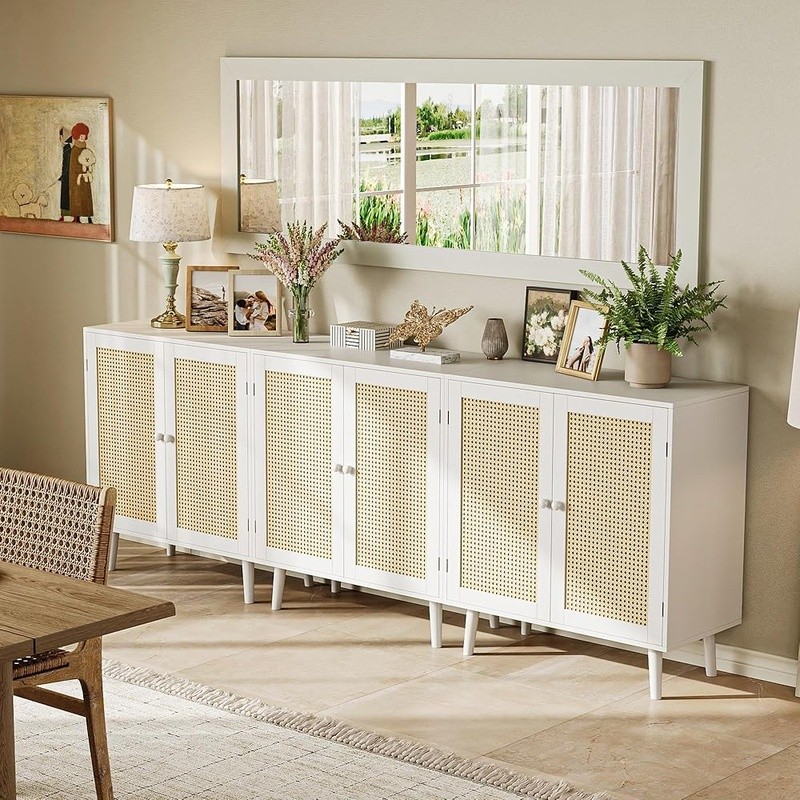 Walnut Rattan Cabinet Entryway Storage Sideboard Buffet Table Organizer New