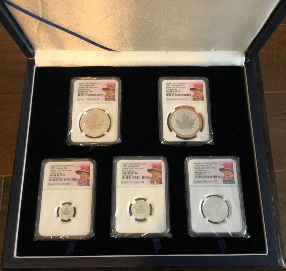 2023 QUEEN ELIZABETH SILVER 35TH MAPLE LEAF NGC PF70 5-COIN REVERSE PROOF SET!