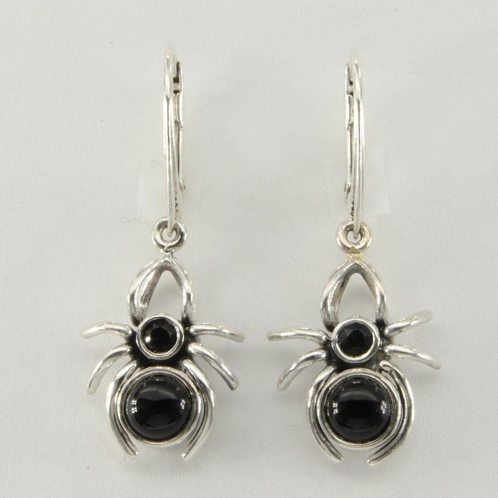 925 Sterling Silver - Black Onyx Spider Leverback Drop / Dangle Earrings