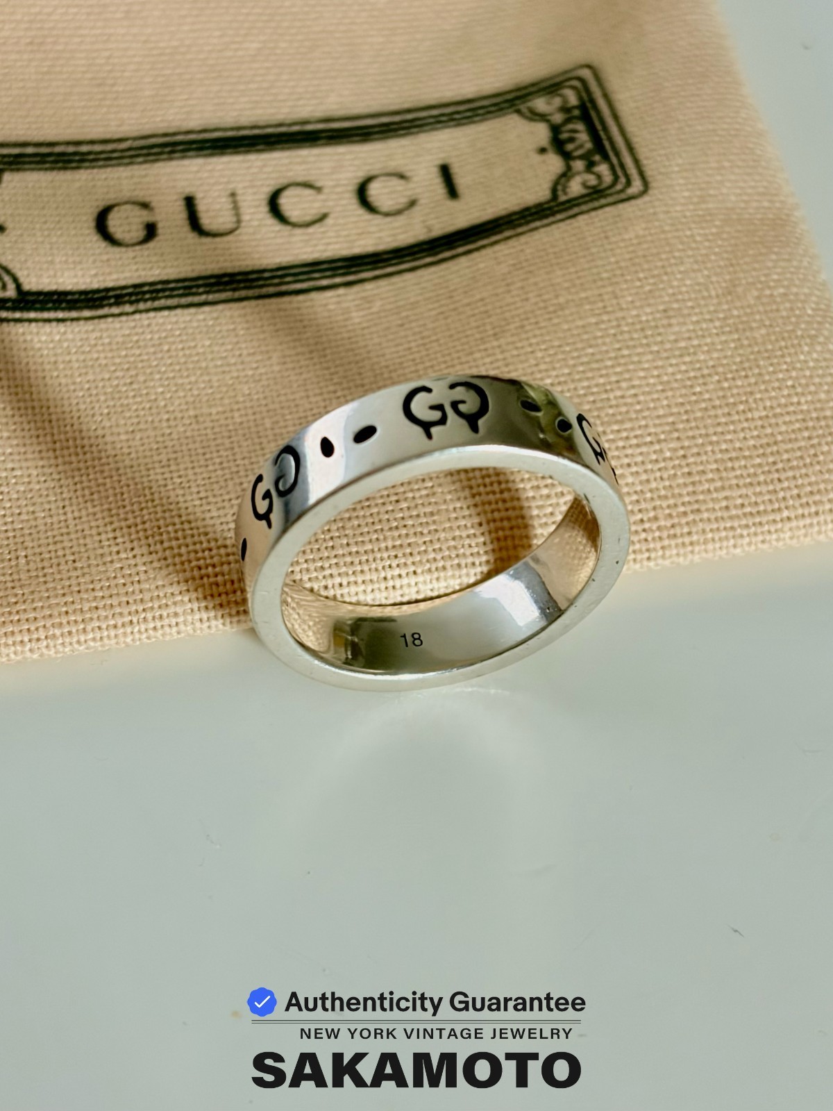 GUCCI GG Ring Ag925 Unisex Sterling Silver Ghost Ring 6MM-Size US 8