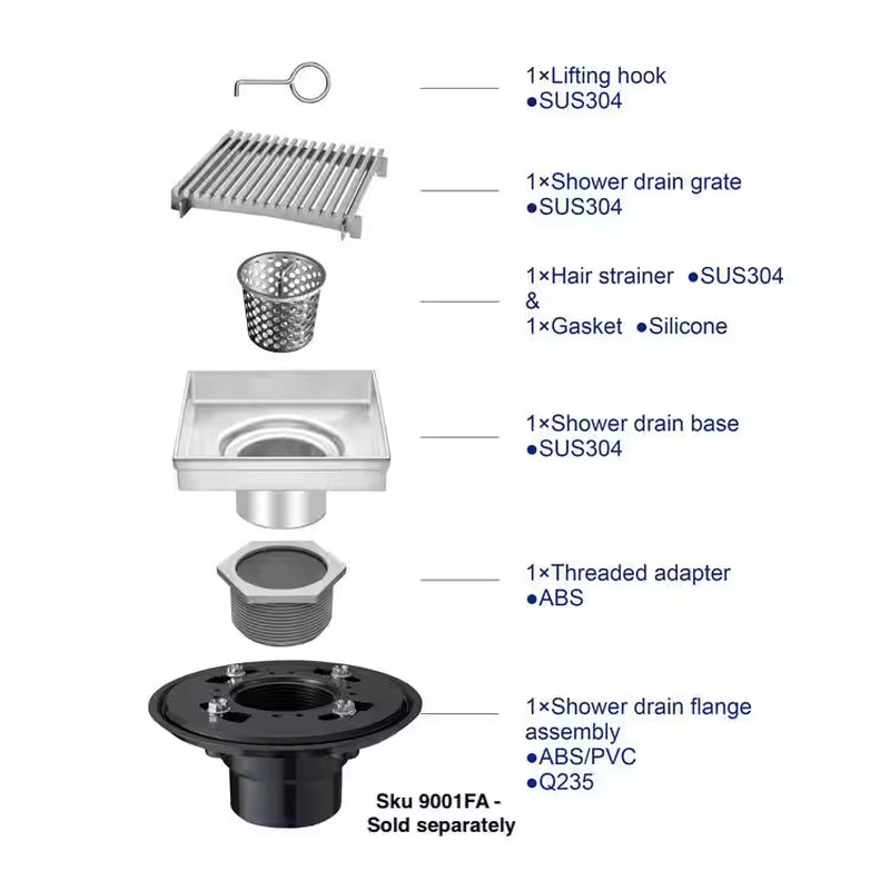 4 In. Square Stainless Steel Shower Drain - Bar Pattern