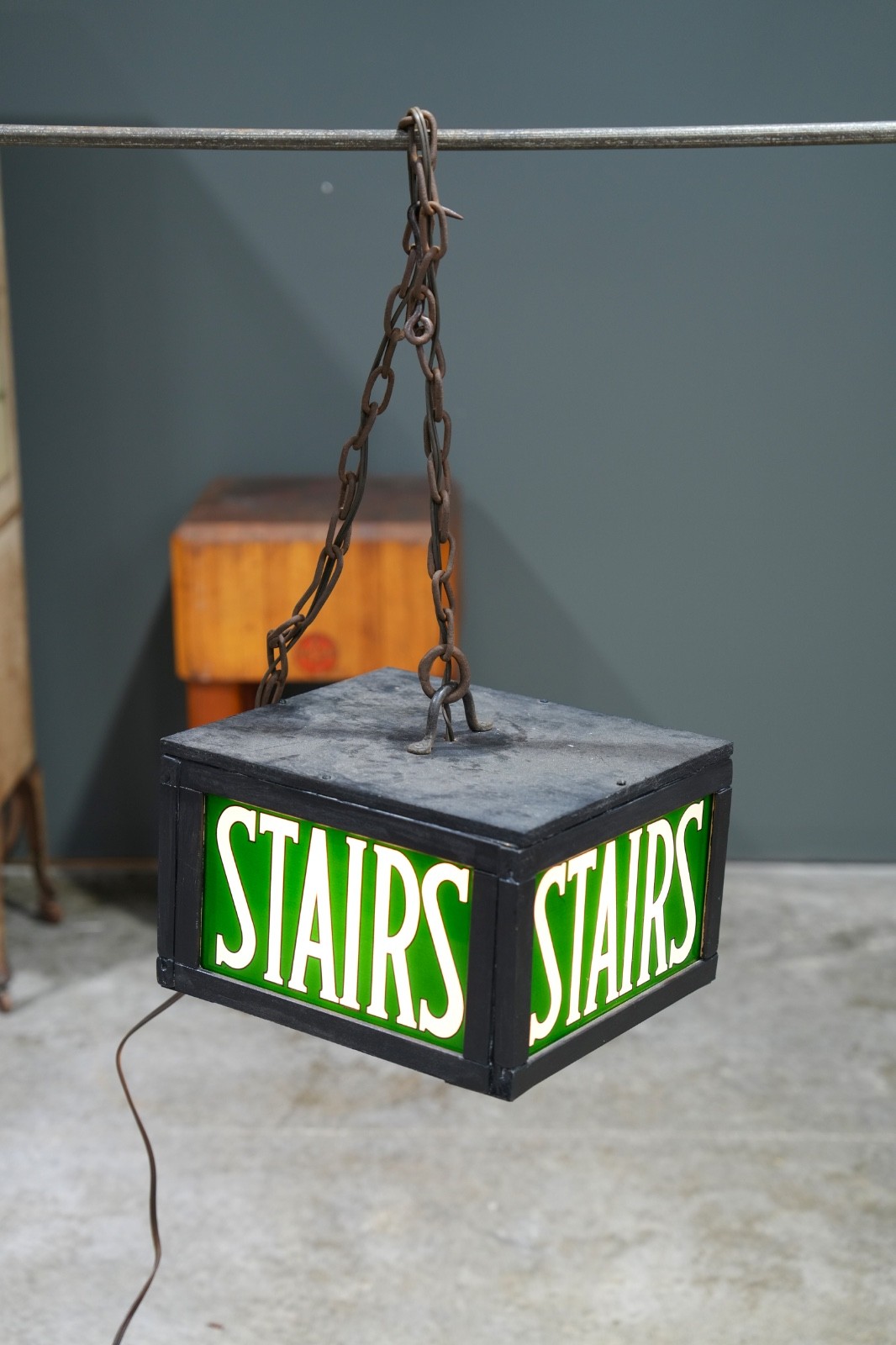 Vintage Stairs Lighted Sign Reverse Painted Glass Green Exit Light Stairway