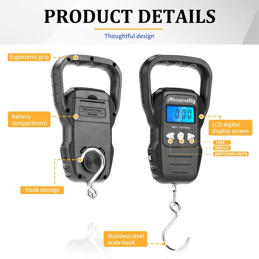 Fish Scale,110lb/50kg Large Handle,Large Backlit LCD Display,Digital Black