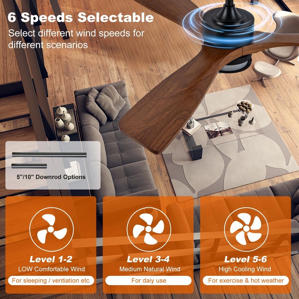 52” Outdoor Ceiling Fan with Light, 3 Walnut Solid Wood Blade, Remote Control...