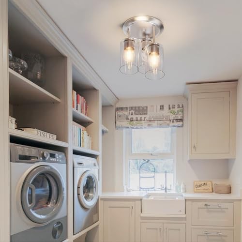 3-Lights Semi Flush Mount Ceiling Light Fixture, Farmhouse Light Silver