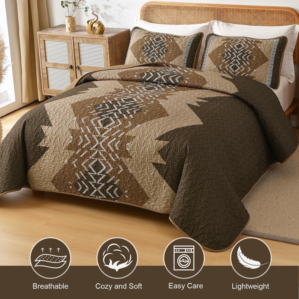 Dintszyayue Brown Quilt Set Queen Size,3 Piece Boho Aztec Texture Bedspread C...