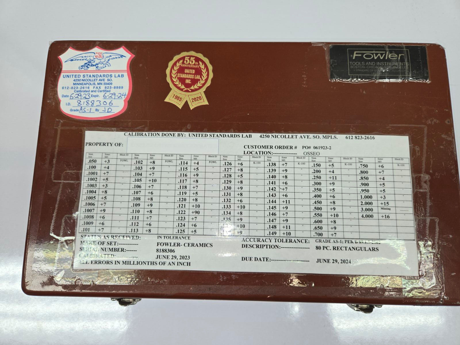 Fowler Ceramic Gage Blocks 80 pcs, Grade AS-1.