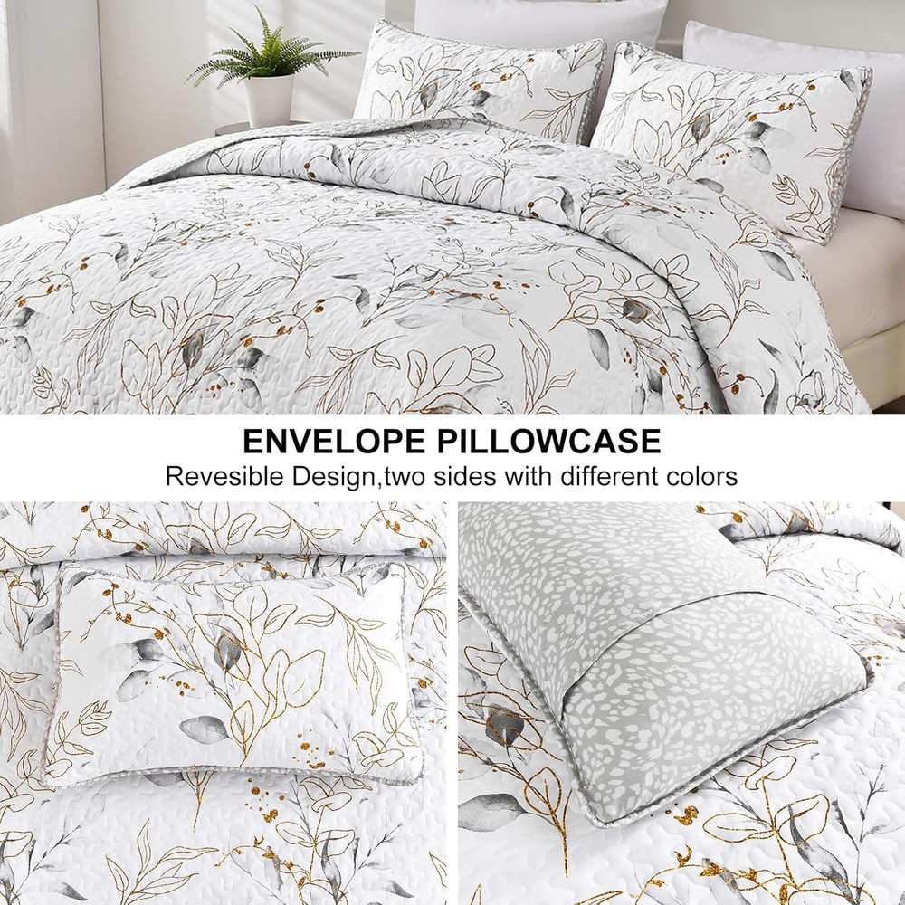 Grey Quilt Set King,3 Pieces Reversible Elegant Grey Botanical Leaves Pattern Be