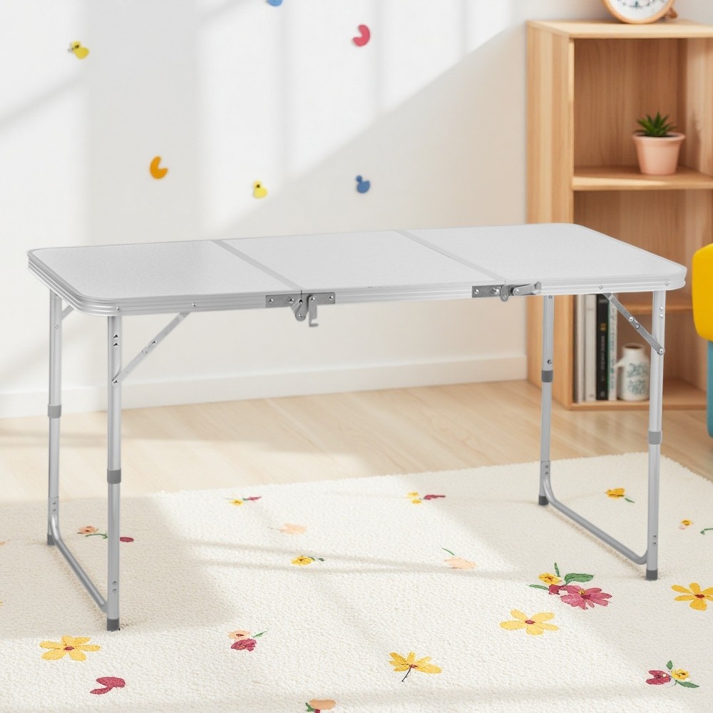 Folding Camping Table 4ft - Adjustable 3-Fold Patio Picnic Aluminum Frame White