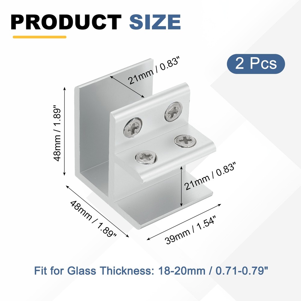 2pcs 90° clamp for glass thickness 18-20mm, adjustable support, silver