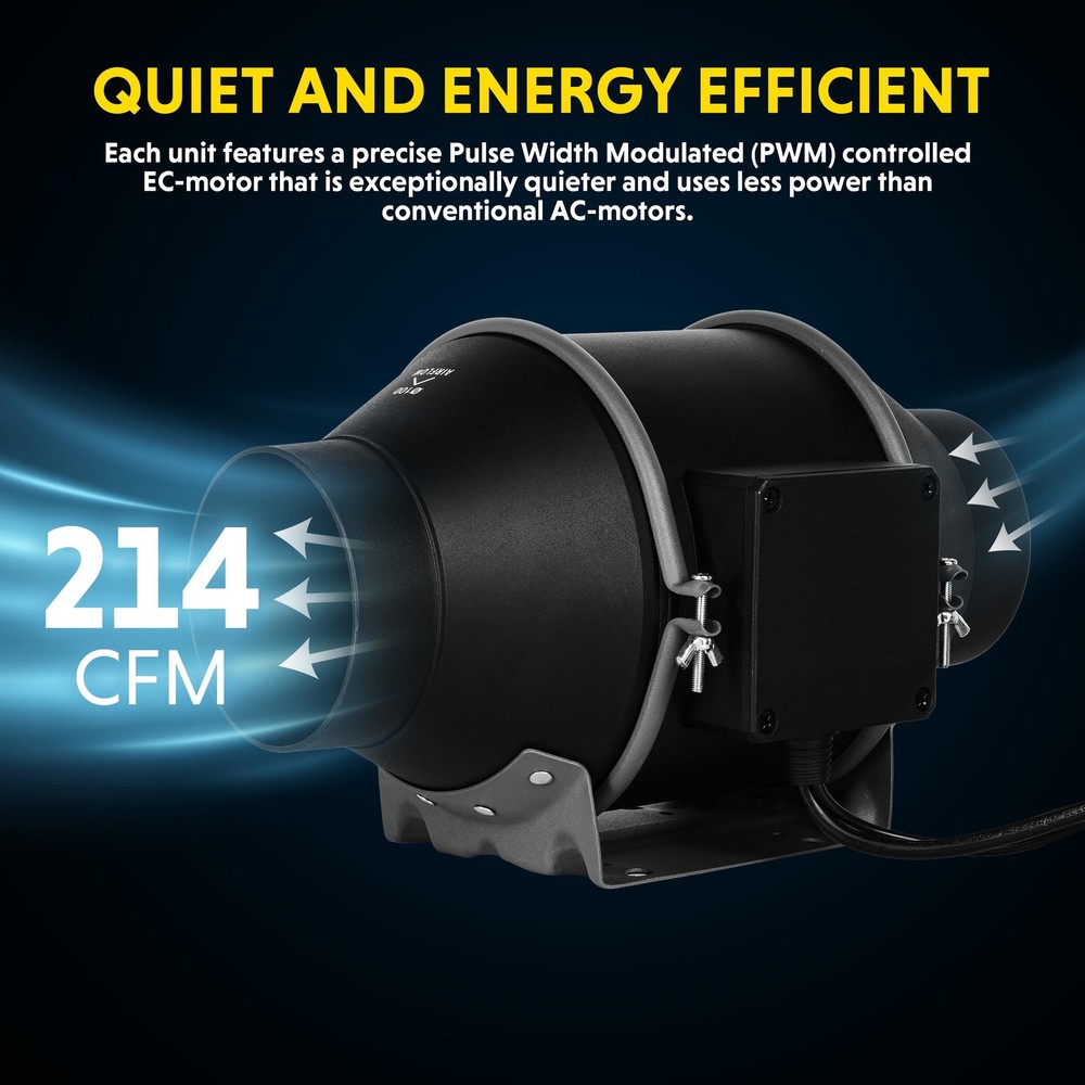 4" Inline Duct Fan, 10-Speed Control, 214 CFM for Efficient Ventilation Exhaust