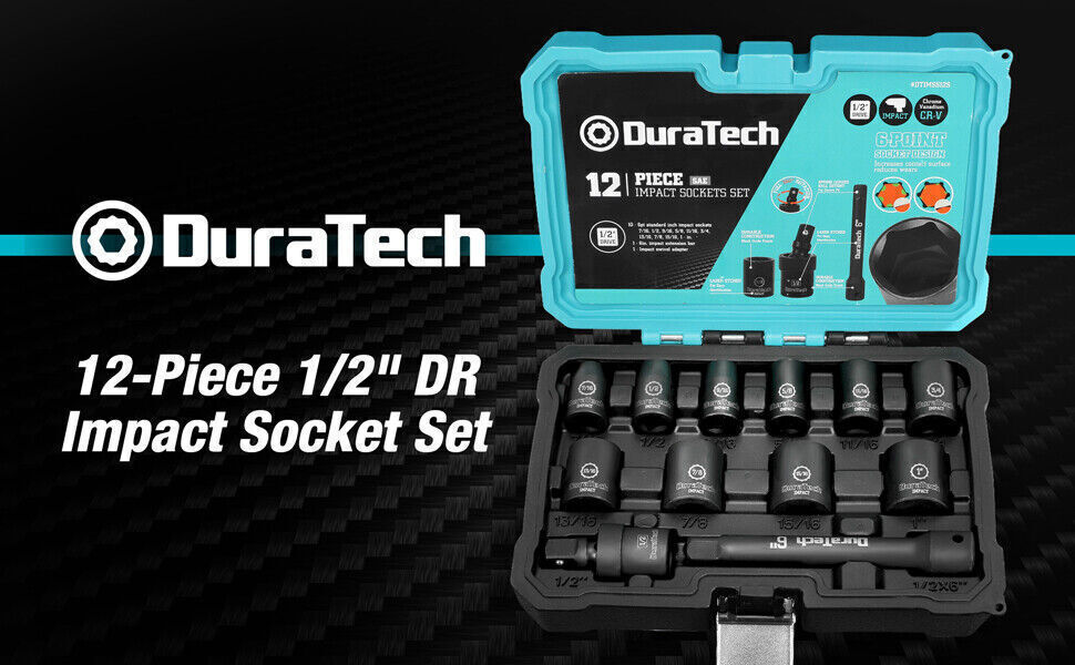 DURATECH 1/2" Dr Impact Socket Set 12PC SAE Sockets Swivel Adapter Extension Bar