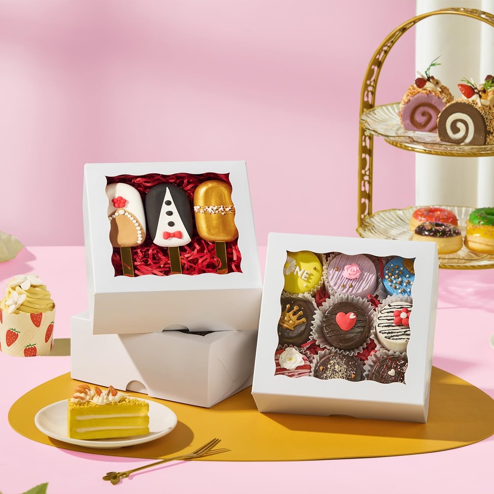 55 Pack 6"x6"x2.5" White Bakery Boxes with Window Cookie Boxes Small Cake Box...