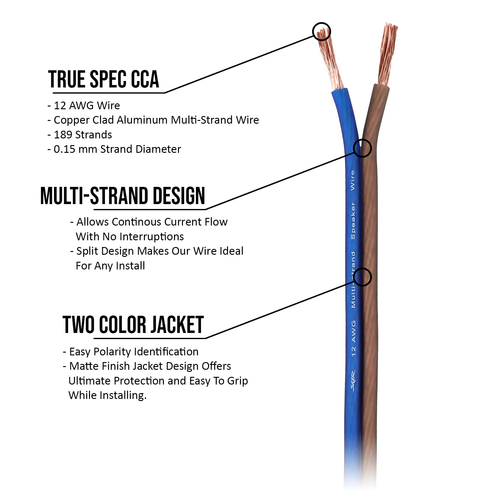 Skar Audio 12 Gauge CCA Car Audio Speaker Wire - 100 Feet (Matte Brown/Blue)