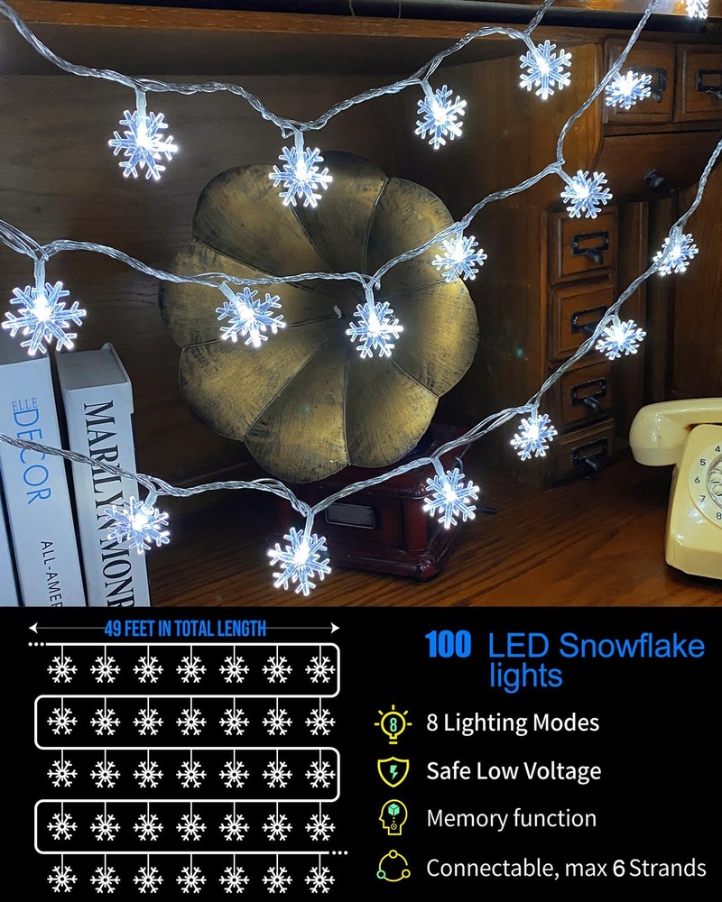 100 LED Snowflake Lights, 32ft Snowflake Fairy String Lights, 8 Modes Plug in...