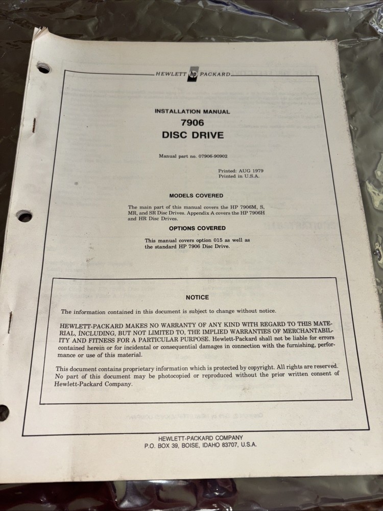 HEWLETT PACKARD HP INSTALLATION MANUAL 7906 DISC DRIVE 07906-90902