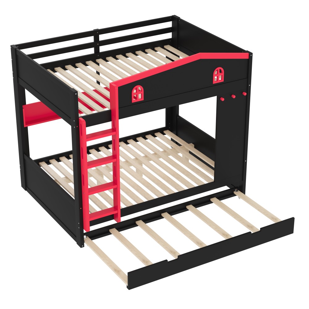 Queen Over Queen Bunk Bed w/ Trundle & Storage, Solid Wood Frame, Black/Red