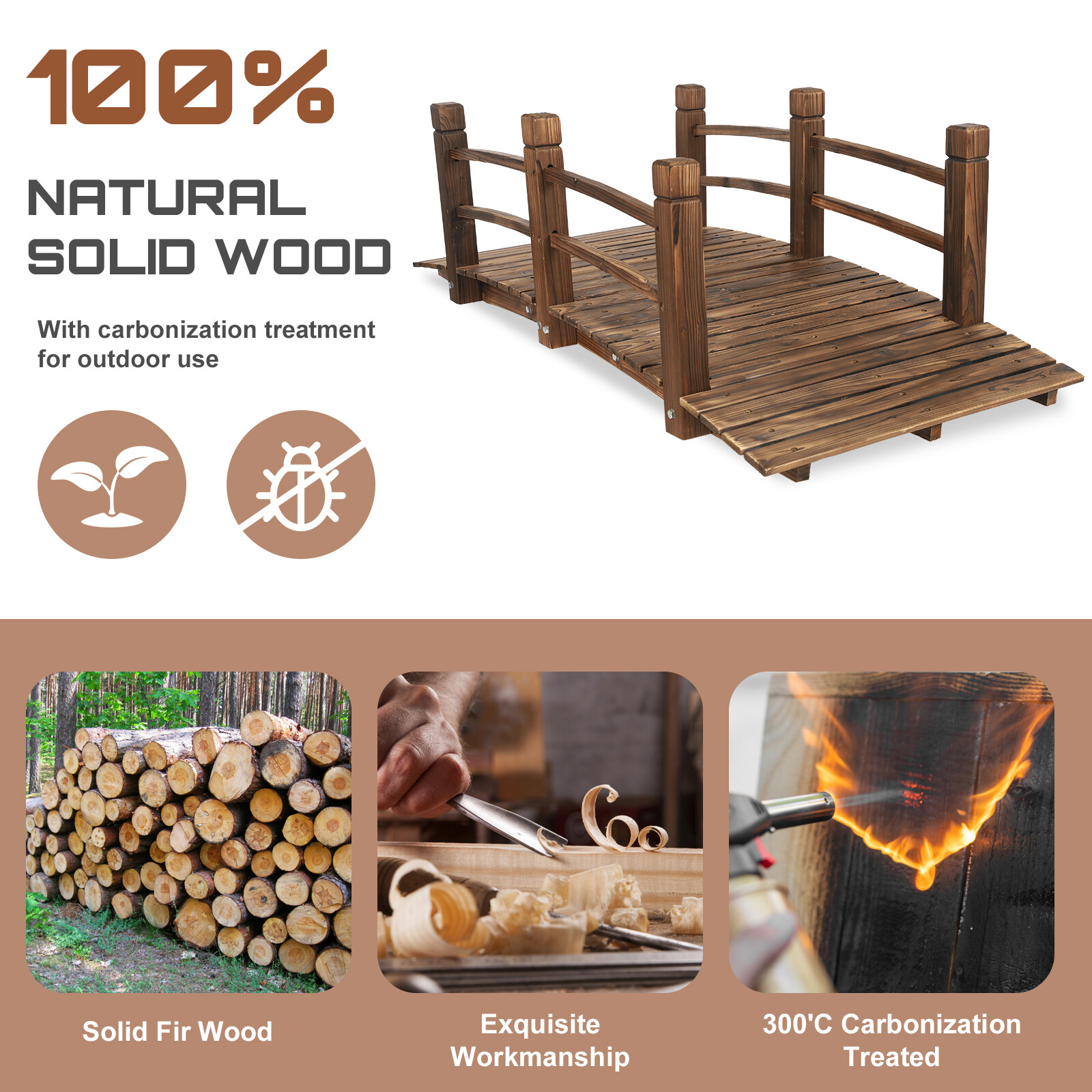 5FT Wooden Garden Bridge Decorative Pond Landscaping Bridge with Double Railings