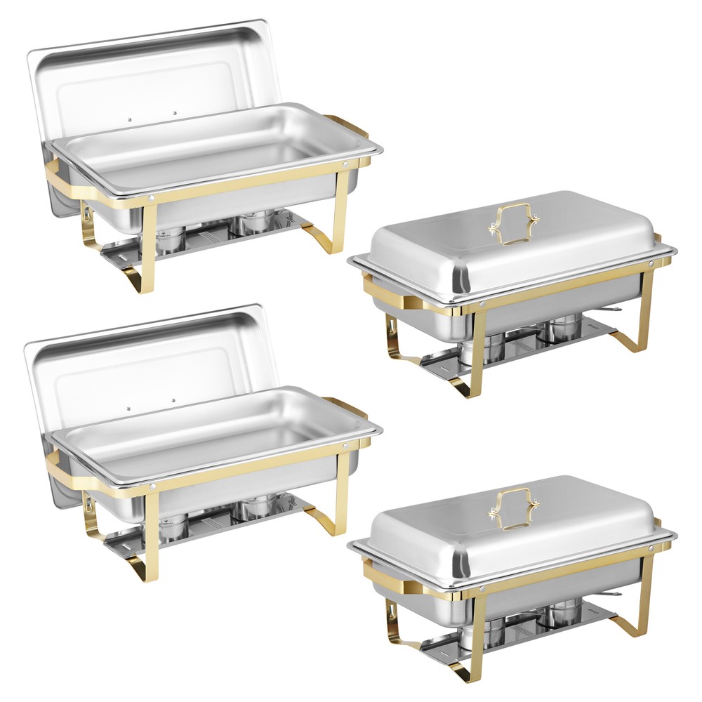 4X Rectangular Chafing Dish Buffet Set Elegant Gold and Silver with Complete Set