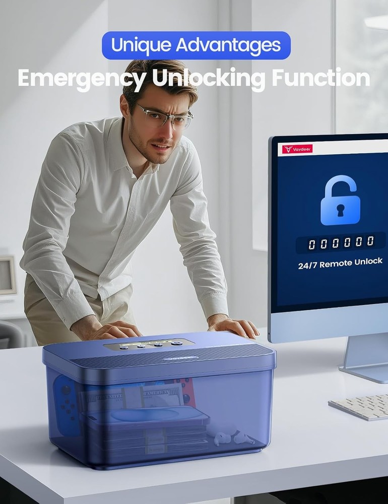 Timed Lock Box with Timer Lockable Storage Box for Phone Snacks Focus Dark Blue