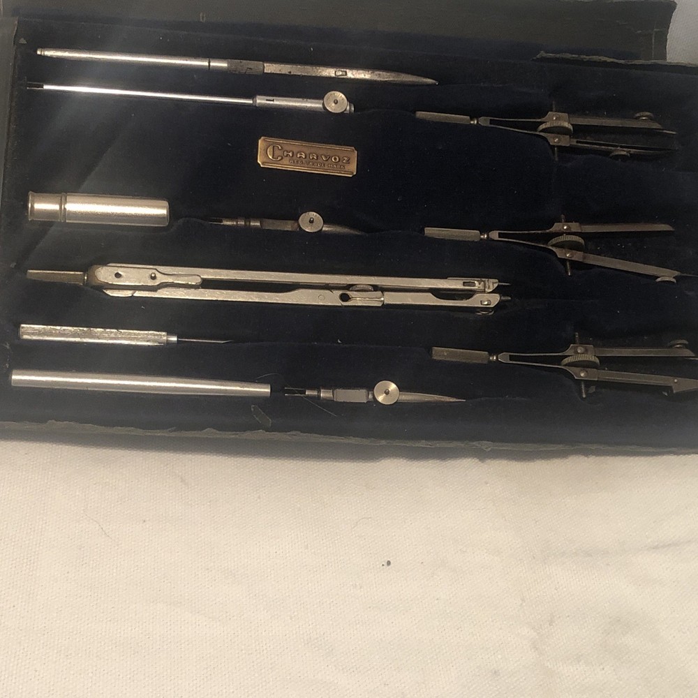 Vintage Charvoz Drafting Kit No 674 Precision Drawing Tools + more Case BAD