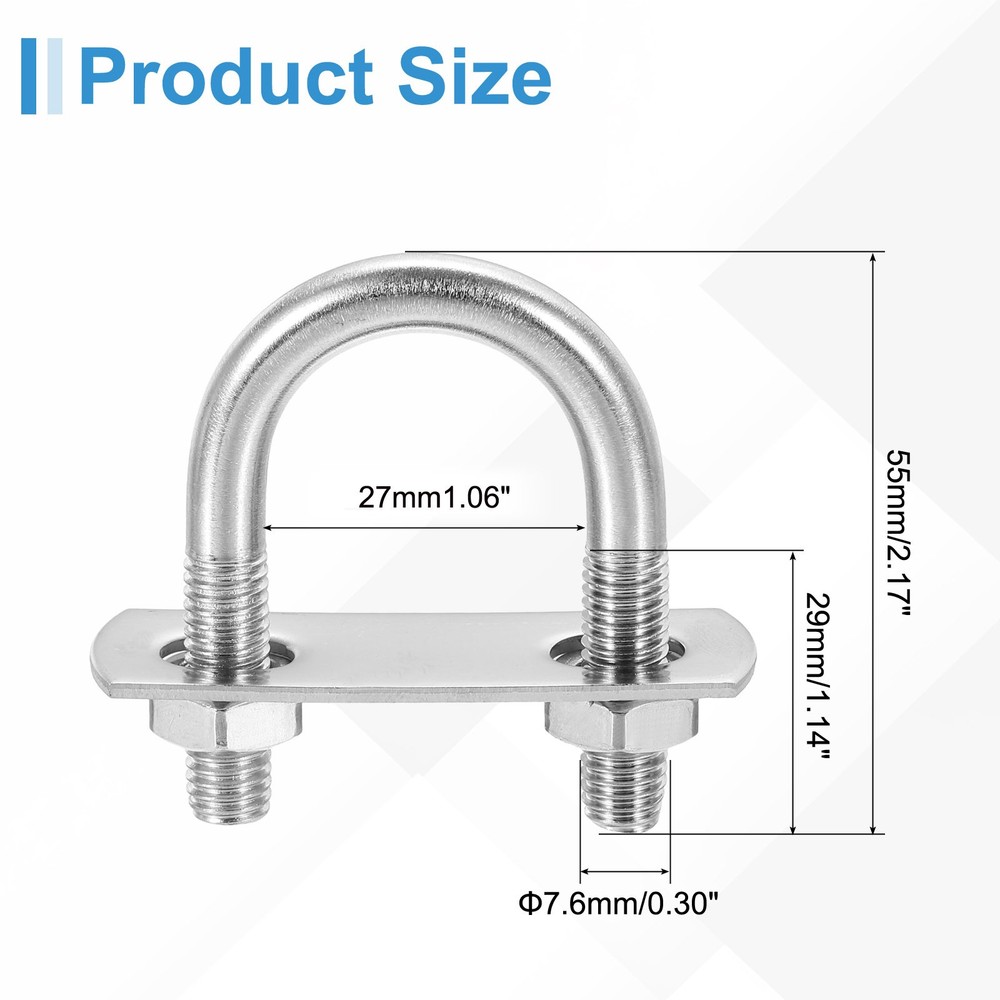 6 Sets M8 Round U-Bolts 27mm Inner Width 55mm Length U-Clamp Bolt