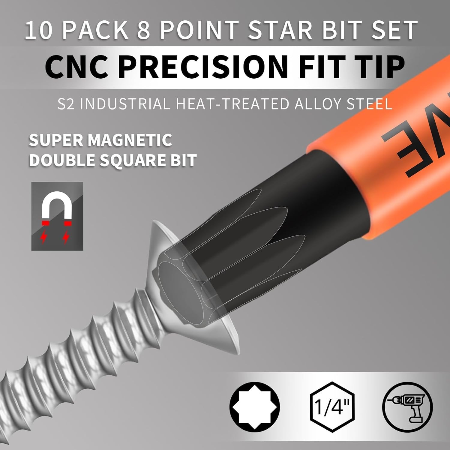 10-Pack 8 Point Star Bit - Professional 8 Point Torx Bit (Magnetic Heads & Hex S
