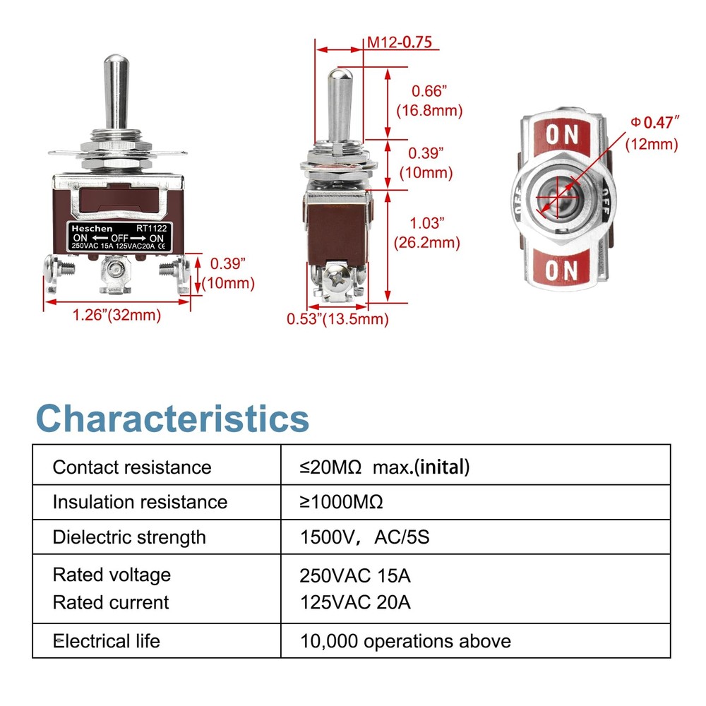 Metal Toggle Switch RT1122 SPDT maintained Type ON/OFF/ON 3 Position 15A 250V...