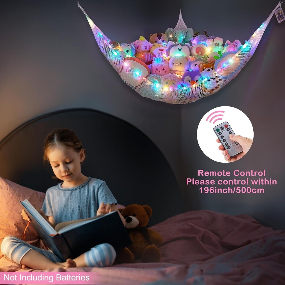 Triangular LED Toy Storage Hammock for Stuffed Animals - Space-Saving Corner Net