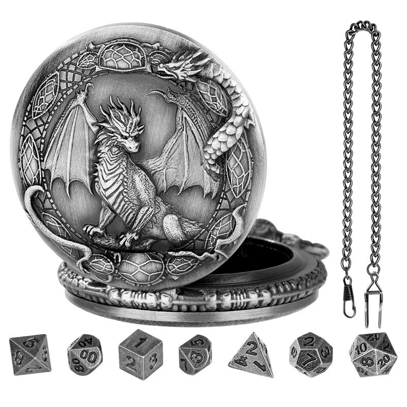 7pcs Mini Solid Metal DND Dice Set in Pocket Watch Case for Dungeons & Dragons