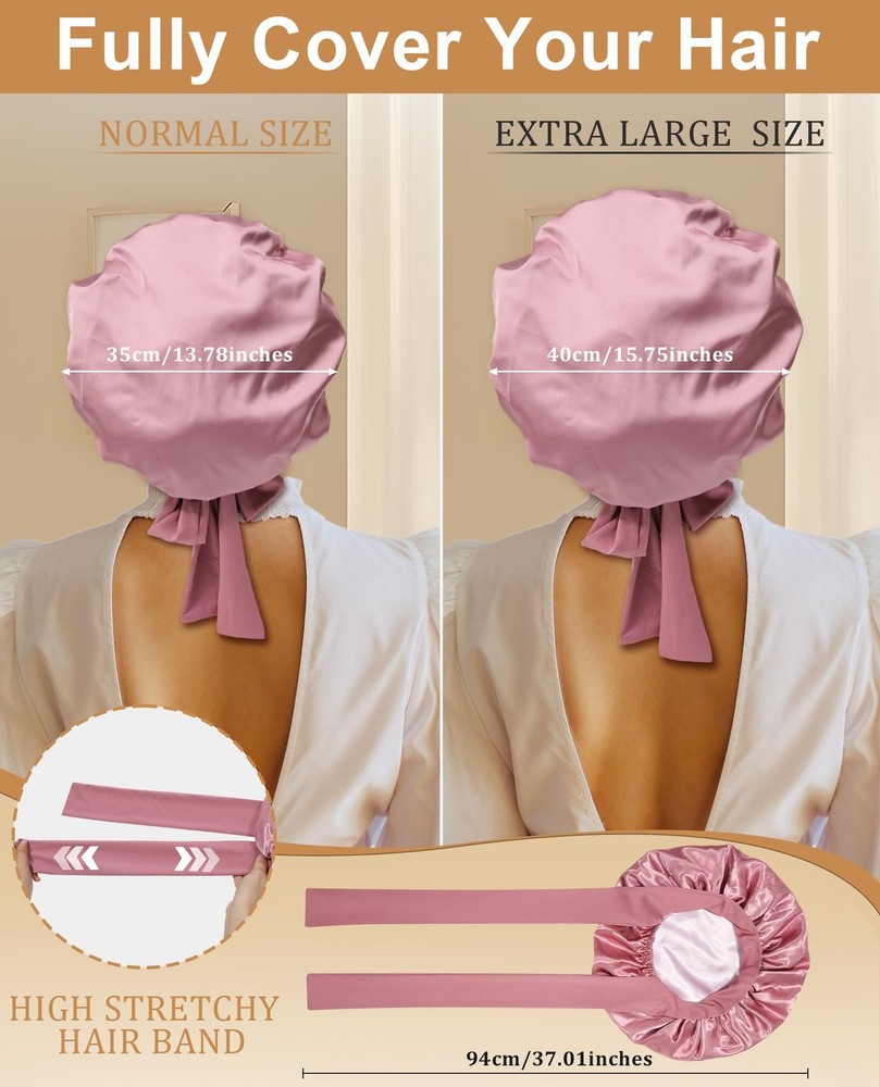 Extra Large Satin Bonnet for Sleeping Jumbo Silk Large, Bean Paste + Pink